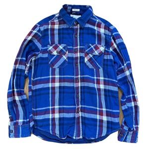 American Eagle Shirt Men's Medium Blue Plaid Heavy Flannel Long Sleeve Shirt